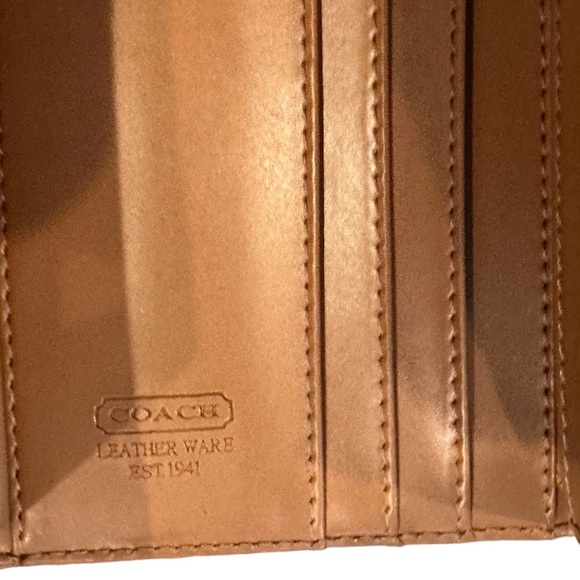 Tan & Brown COACH Signature Canvas Tri-Fold Wallet with Tan Interior - Picture 12 of 16